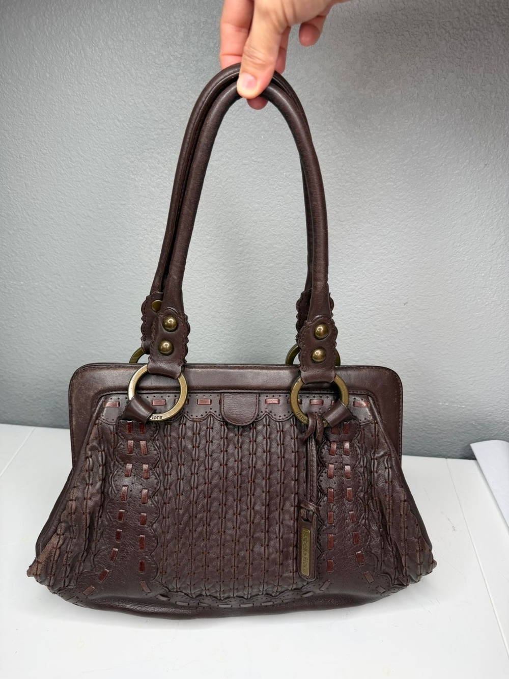ISABELLA FIORE 3D INTERLOCKED LEATHER Dark BROWN Hand Bag SHOULDER BAG $510 msrp